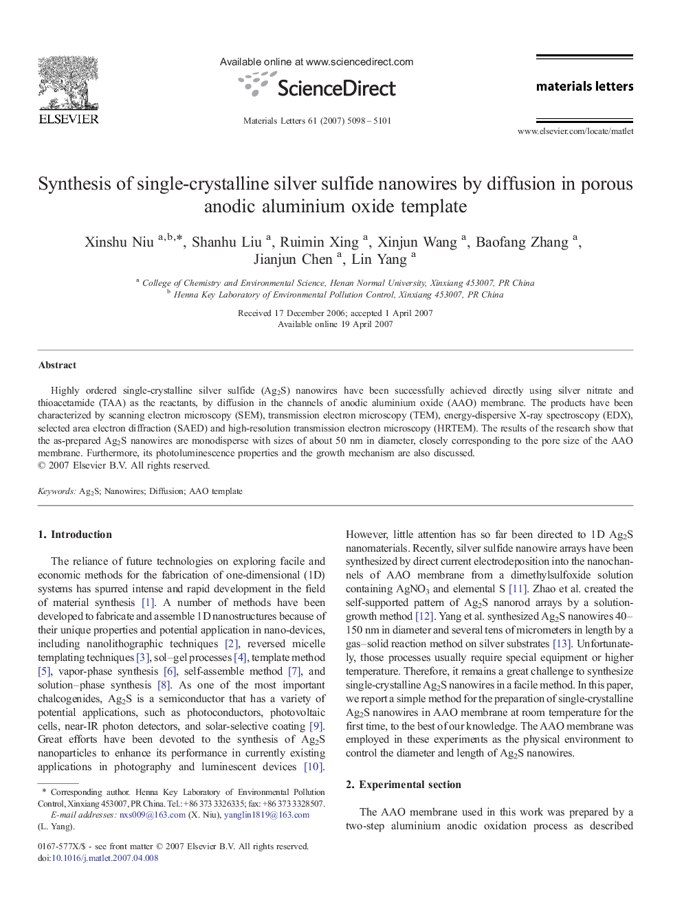 Synthesis of single-crystalline silver sulfide nanowires by diffusion in porous anodic aluminium oxide template