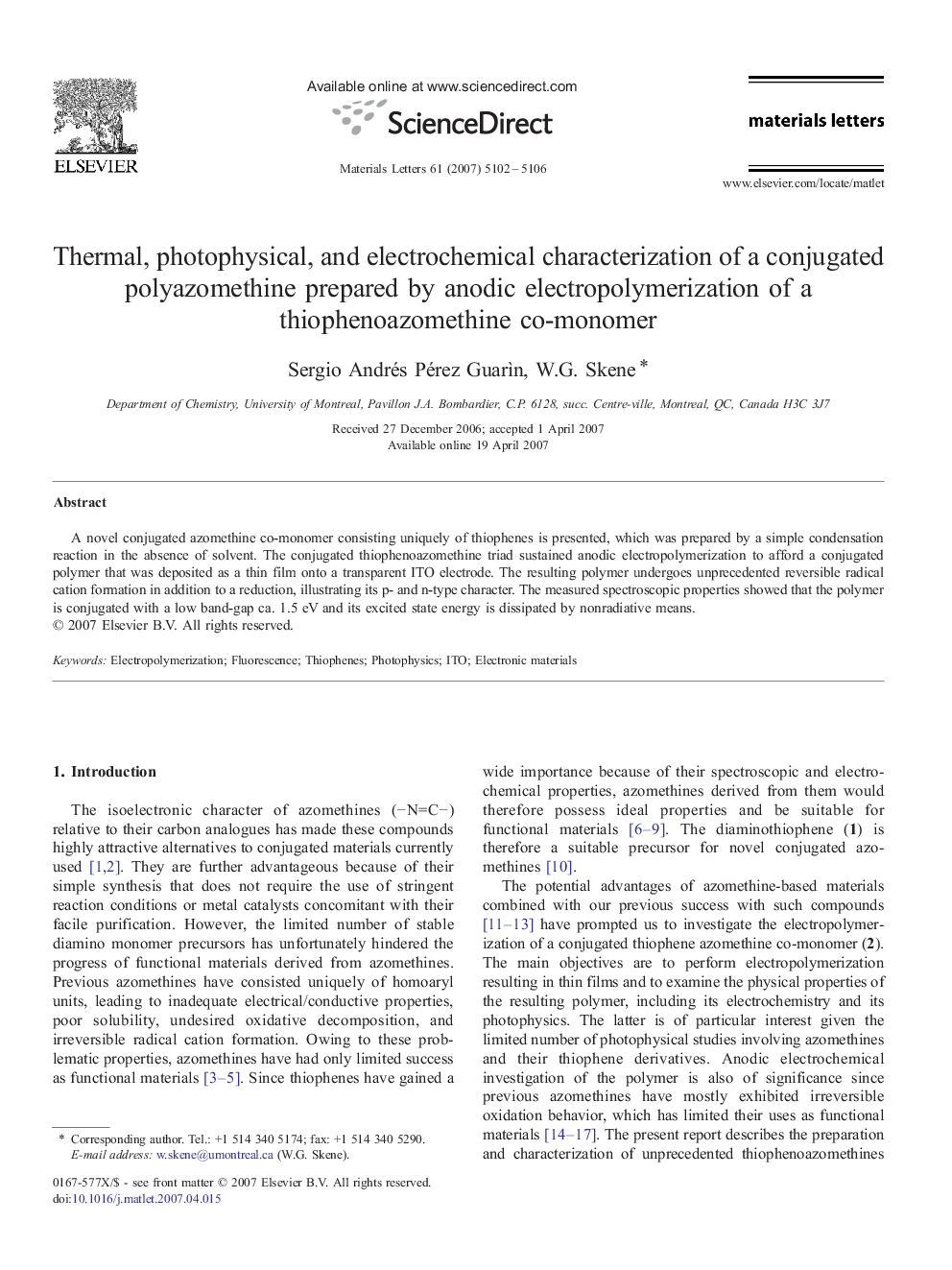 Thermal, photophysical, and electrochemical characterization of a conjugated polyazomethine prepared by anodic electropolymerization of a thiophenoazomethine co-monomer