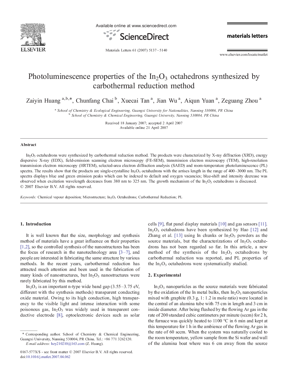 Photoluminescence properties of the In2O3 octahedrons synthesized by carbothermal reduction method