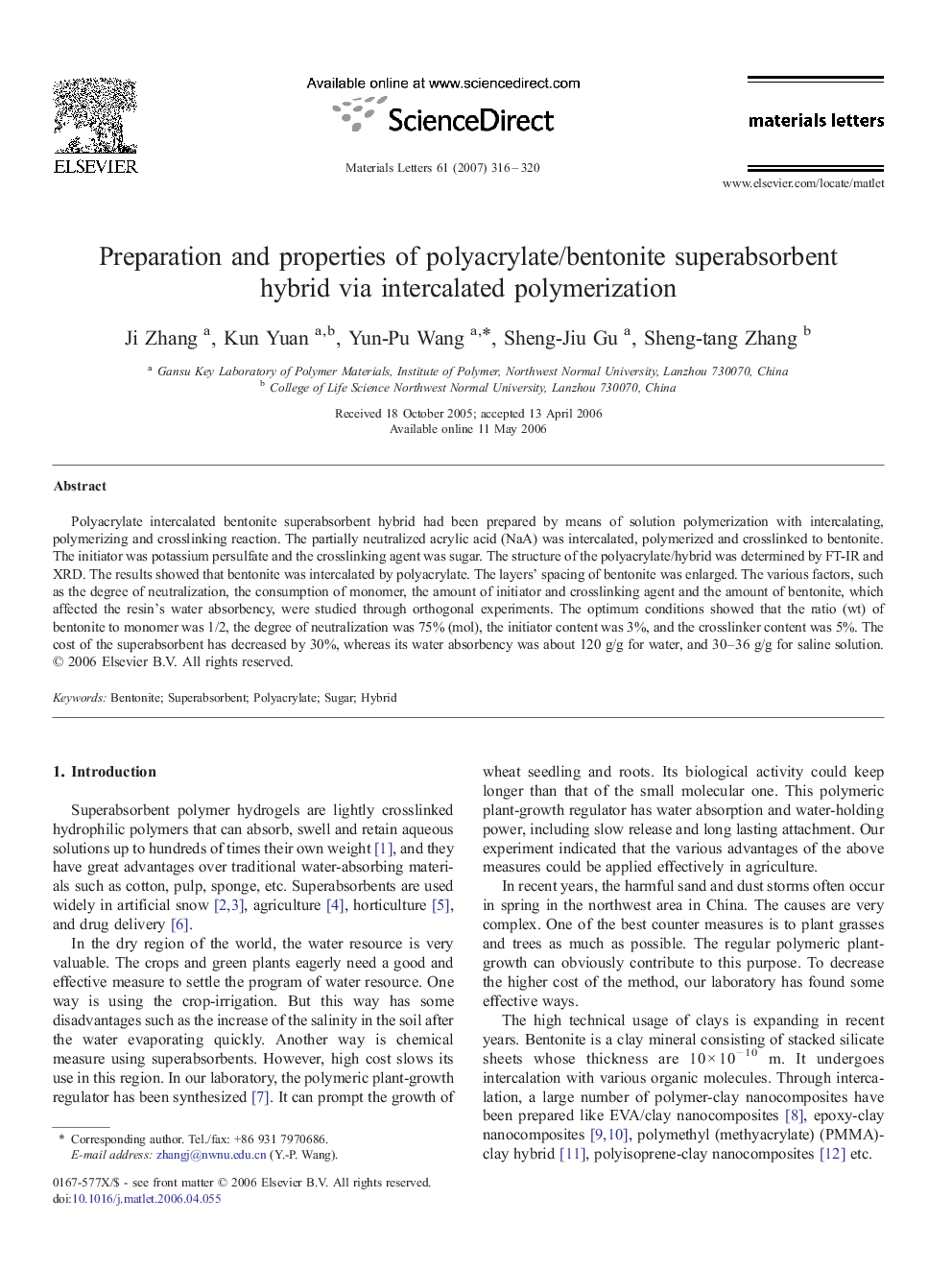 Preparation and properties of polyacrylate/bentonite superabsorbent hybrid via intercalated polymerization