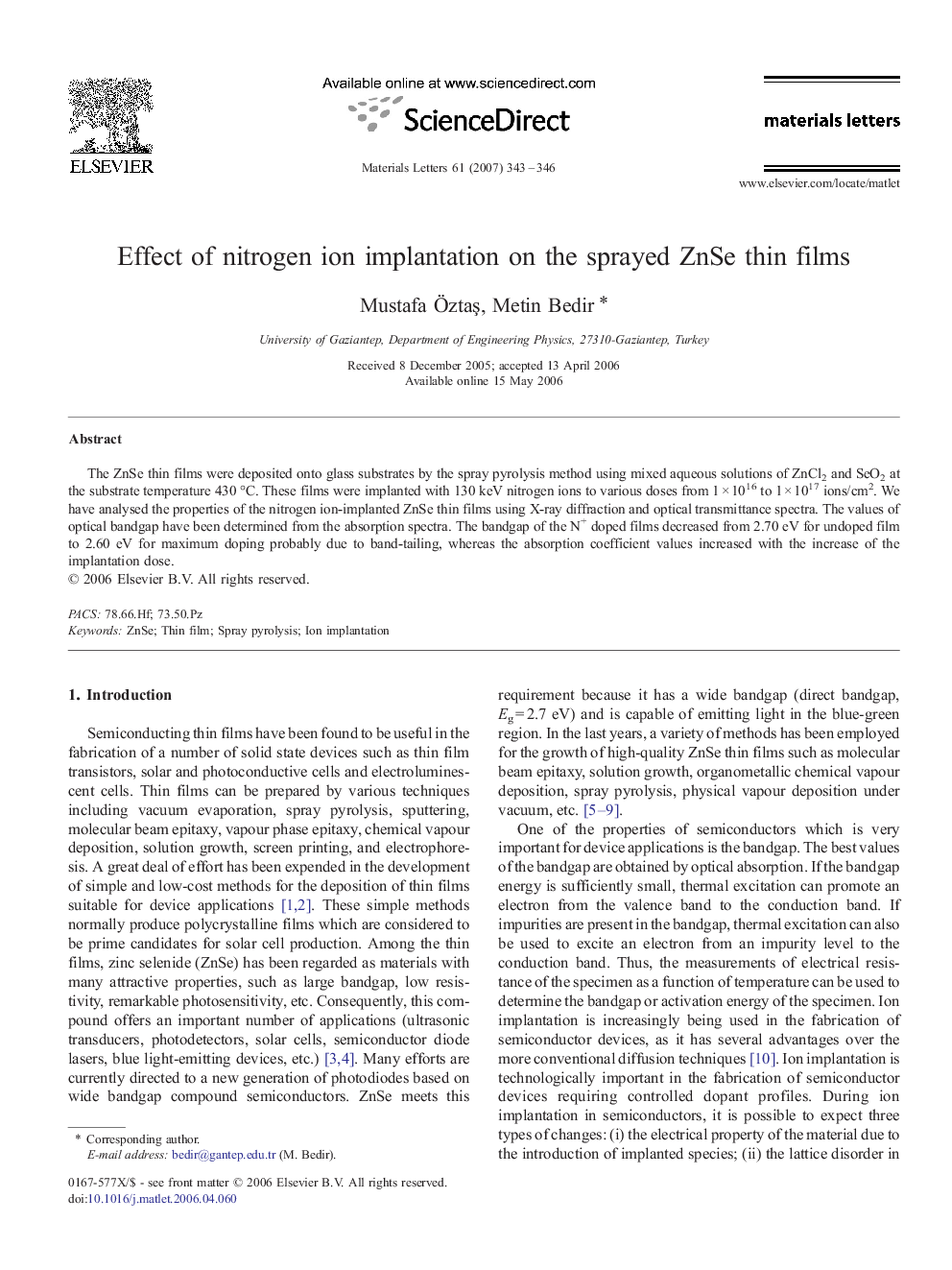 Effect of nitrogen ion implantation on the sprayed ZnSe thin films