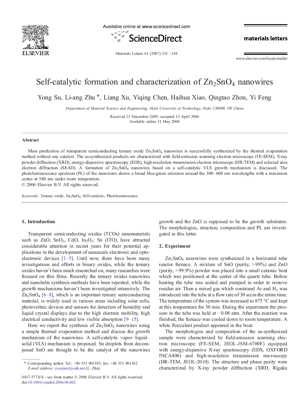 Self-catalytic formation and characterization of Zn2SnO4 nanowires