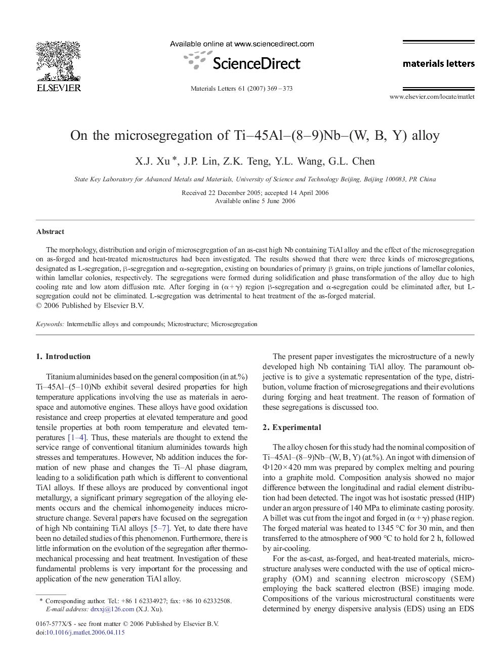 عکس صفحه اول مقاله: On the microsegregation of Ti–45Al–(8–9)Nb–(W, B, Y) alloy On the microsegregation of Ti–45Al–(8–9)Nb–(W, B, Y) alloy
