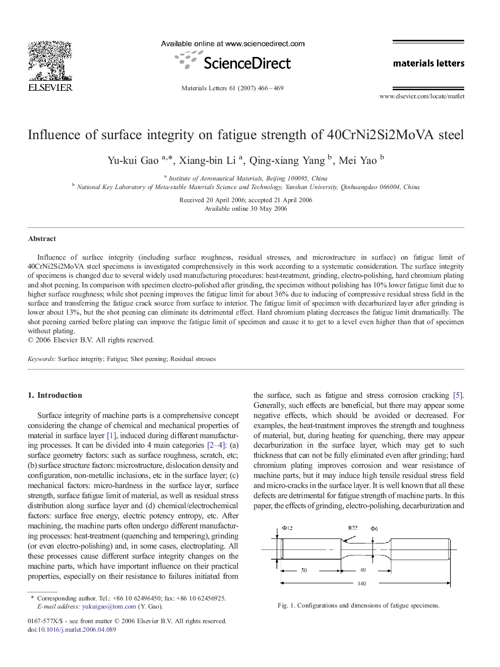 Influence of surface integrity on fatigue strength of 40CrNi2Si2MoVA steel