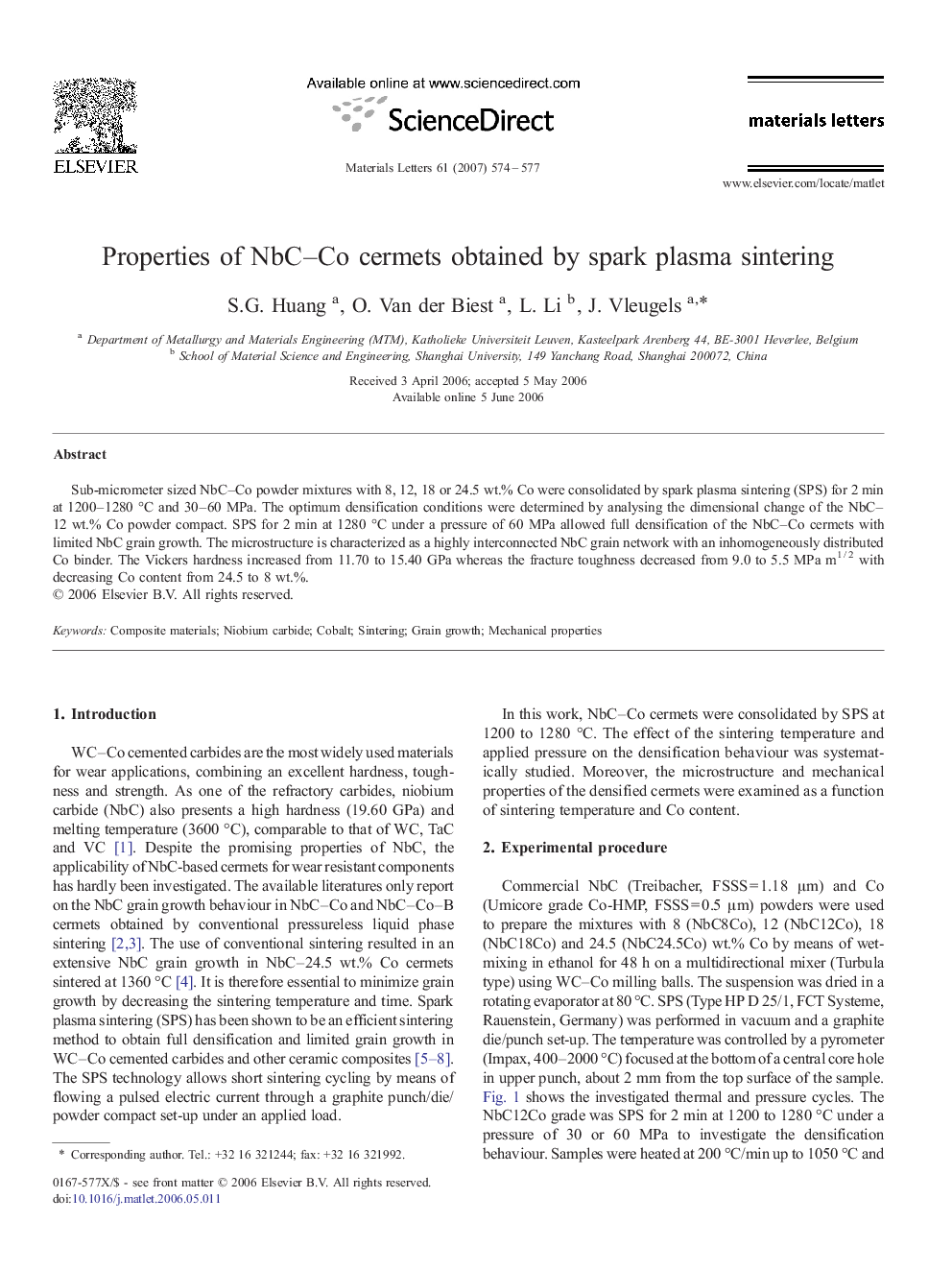 Properties of NbC–Co cermets obtained by spark plasma sintering