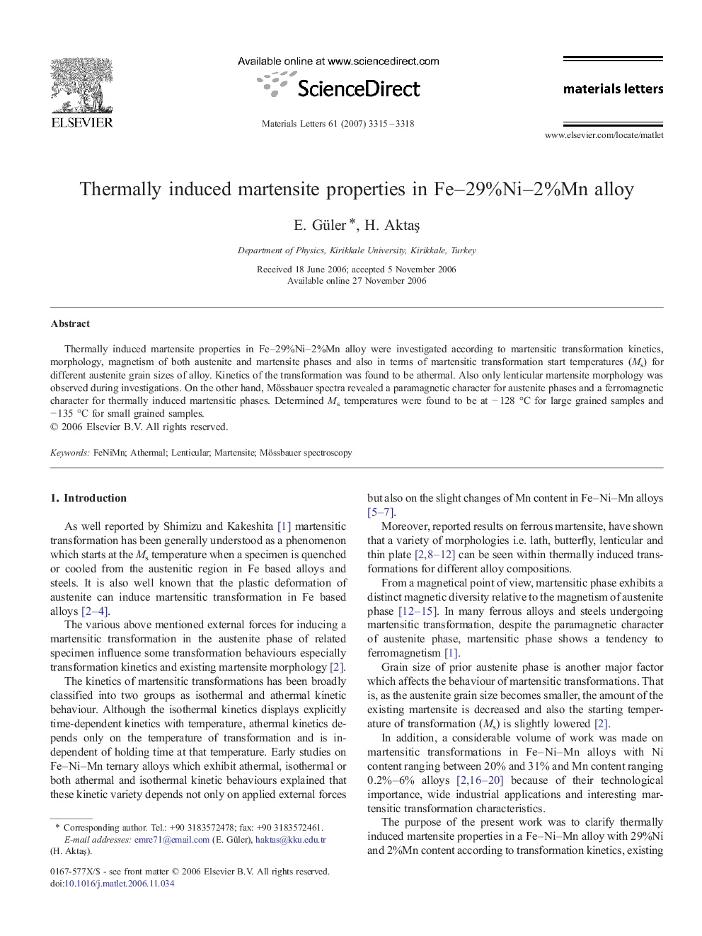 Thermally induced martensite properties in Fe–29%Ni–2%Mn alloy