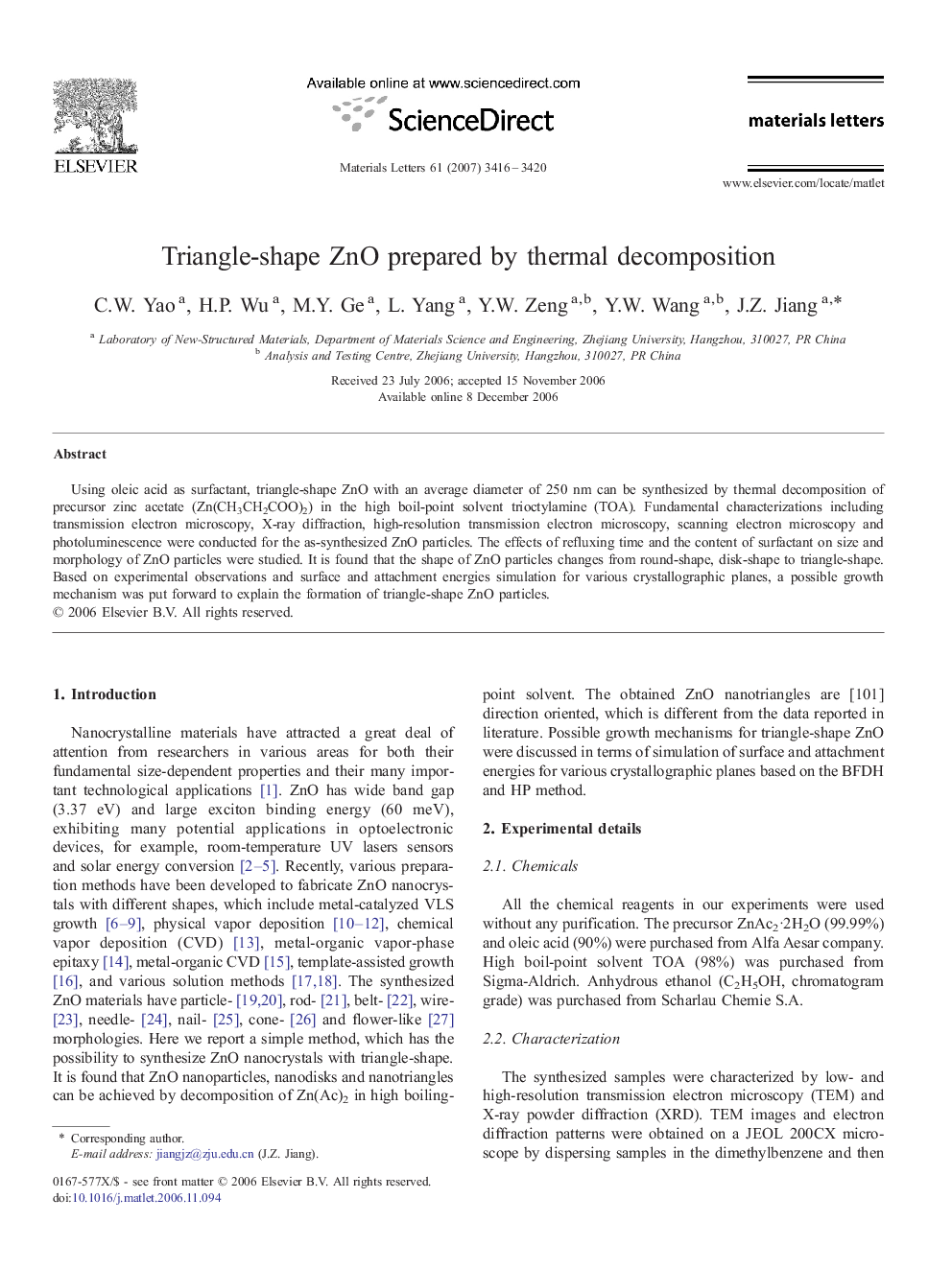 Triangle-shape ZnO prepared by thermal decomposition