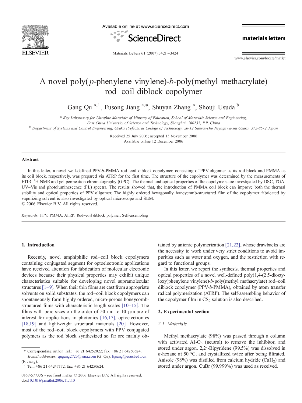 A novel poly(p-phenylene vinylene)-b-poly(methyl methacrylate) rod–coil diblock copolymer