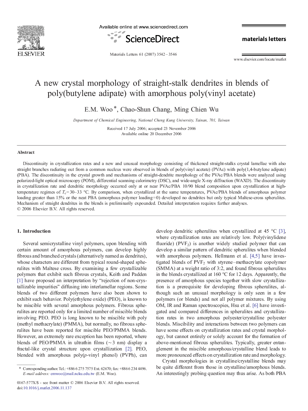 A new crystal morphology of straight-stalk dendrites in blends of poly(butylene adipate) with amorphous poly(vinyl acetate)