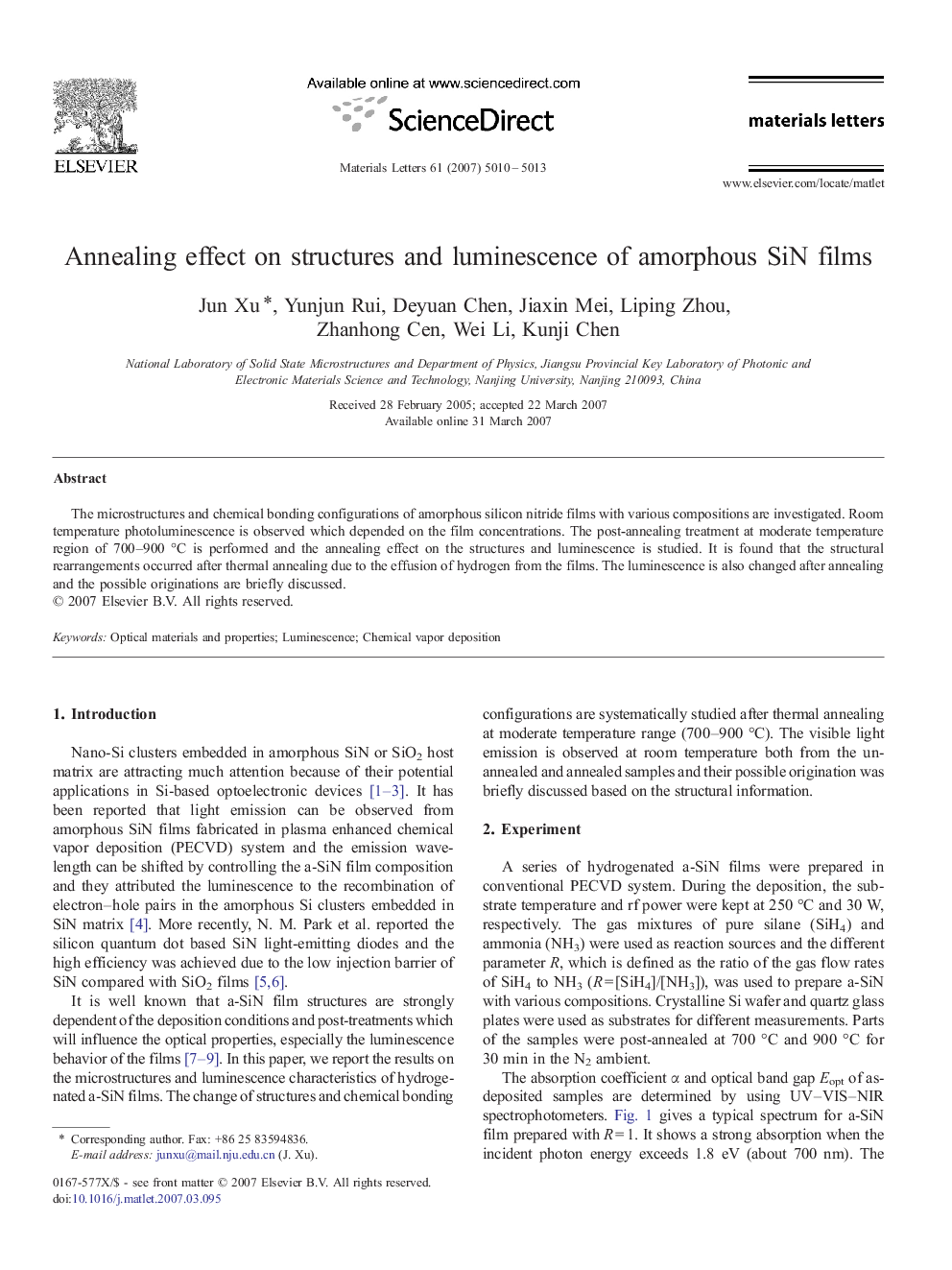 Annealing effect on structures and luminescence of amorphous SiN films