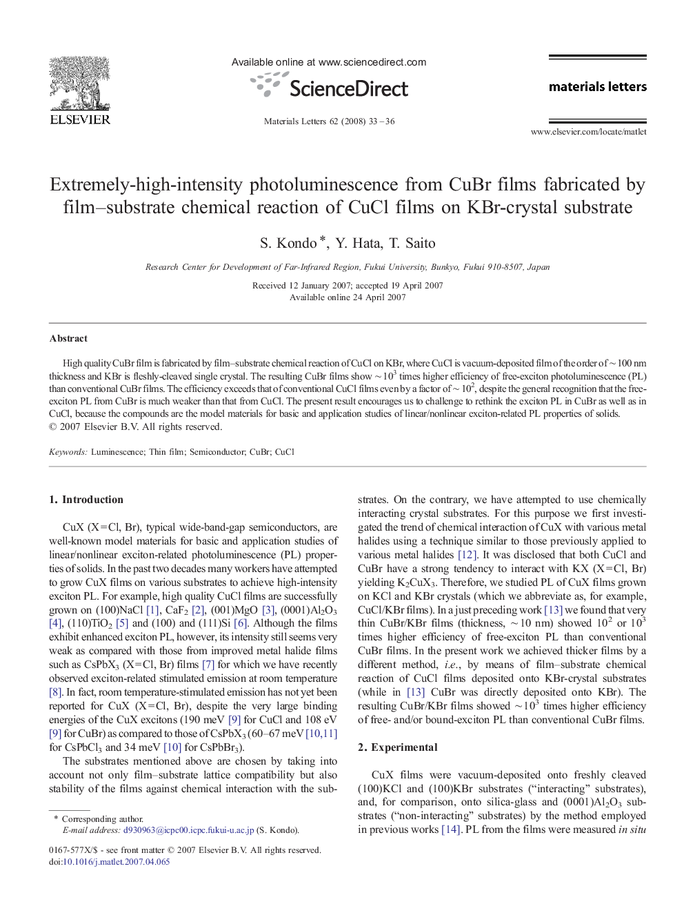 Extremely-high-intensity photoluminescence from CuBr films fabricated by film–substrate chemical reaction of CuCl films on KBr-crystal substrate