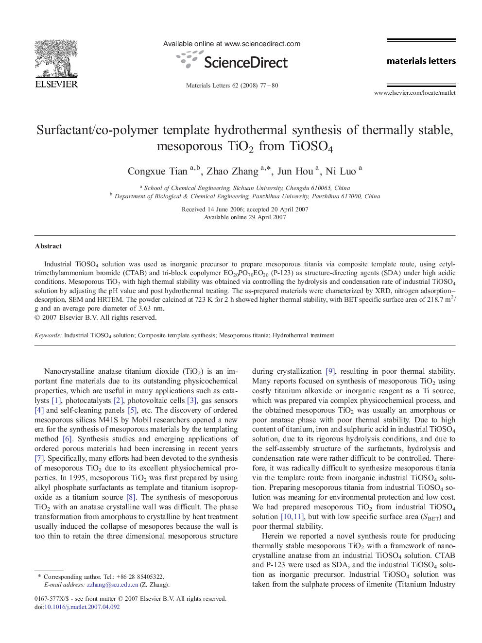 Surfactant/co-polymer template hydrothermal synthesis of thermally stable, mesoporous TiO2 from TiOSO4