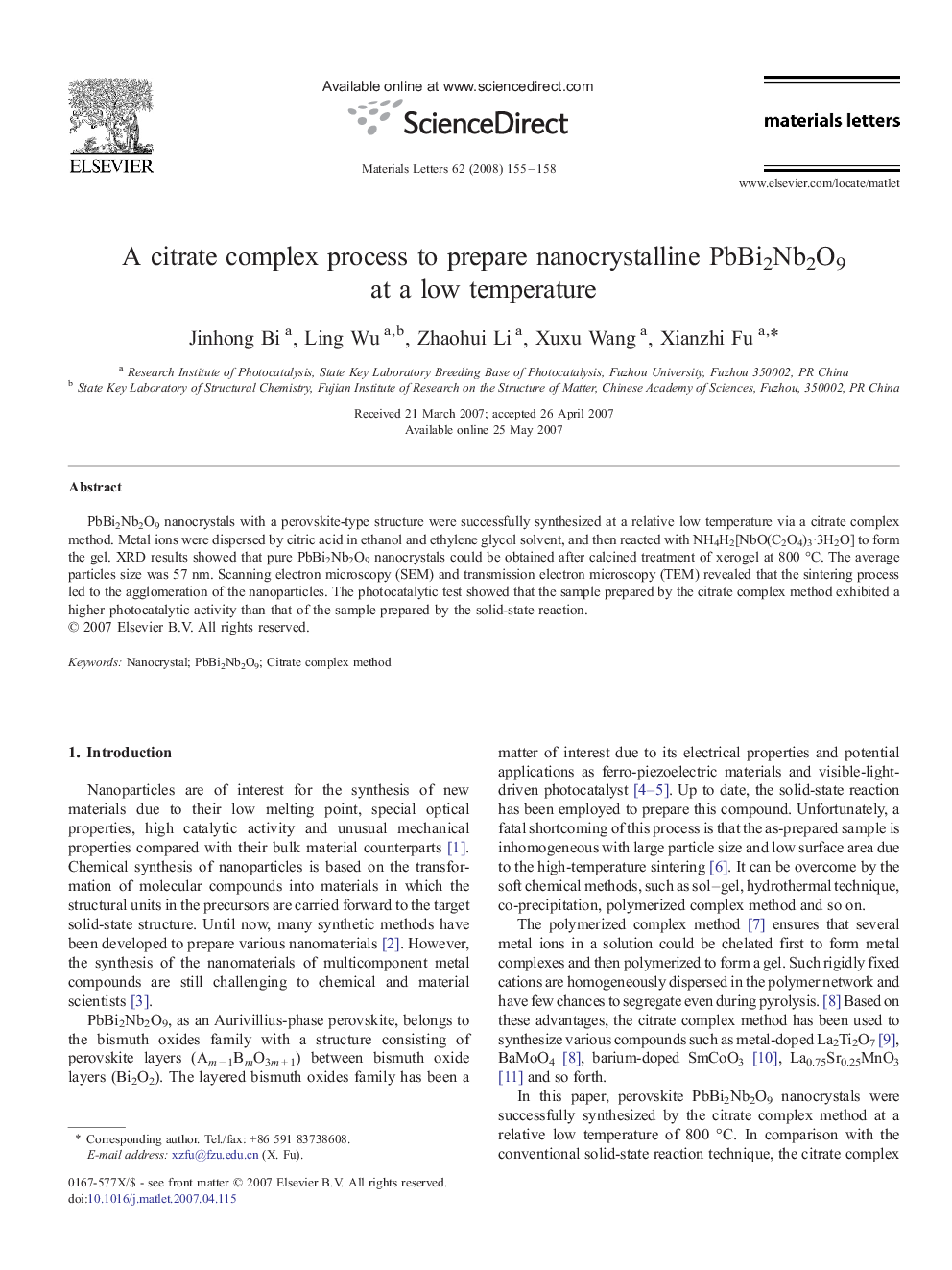 A citrate complex process to prepare nanocrystalline PbBi2Nb2O9 at a low temperature