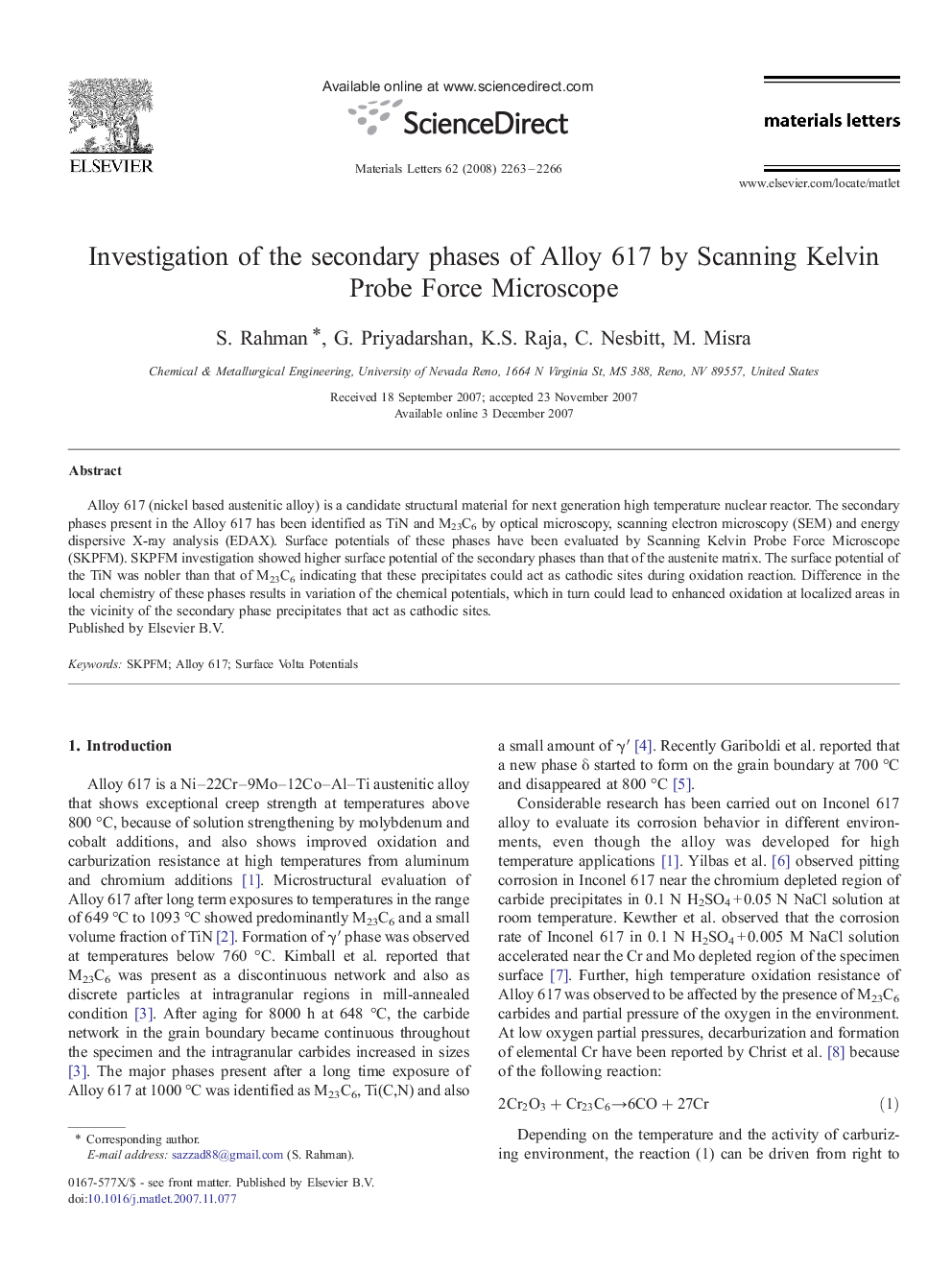 Investigation of the secondary phases of Alloy 617 by Scanning Kelvin Probe Force Microscope