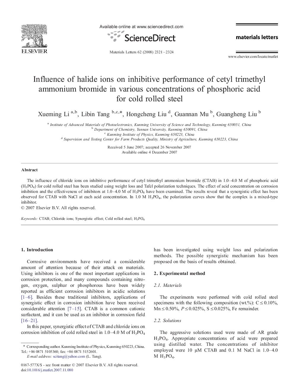 Influence of halide ions on inhibitive performance of cetyl trimethyl ammonium bromide in various concentrations of phosphoric acid for cold rolled steel