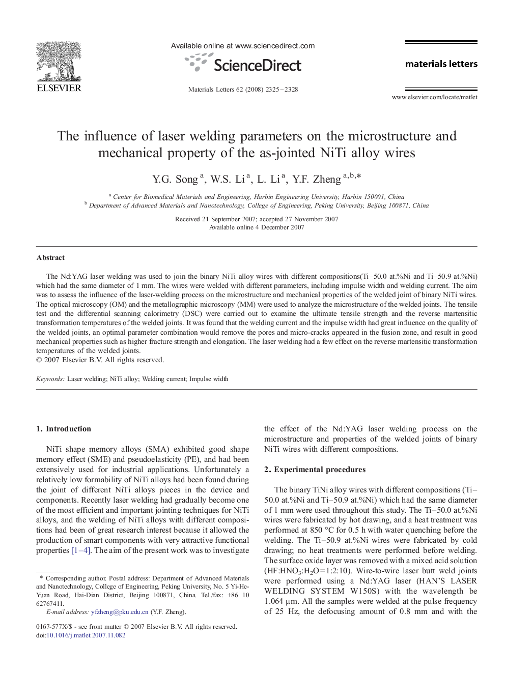 The influence of laser welding parameters on the microstructure and mechanical property of the as-jointed NiTi alloy wires