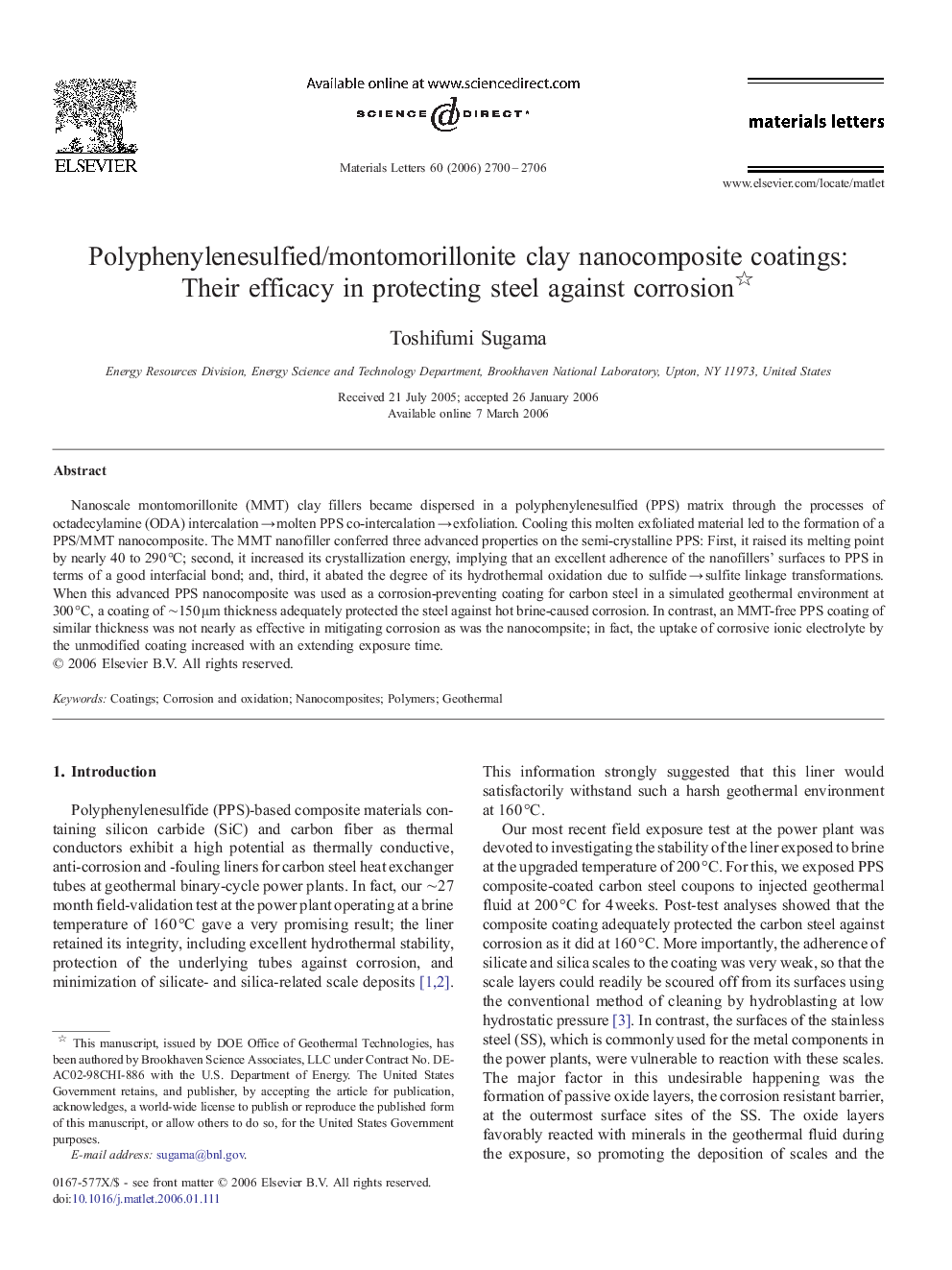 Polyphenylenesulfied/montomorillonite clay nanocomposite coatings: Their efficacy in protecting steel against corrosion 