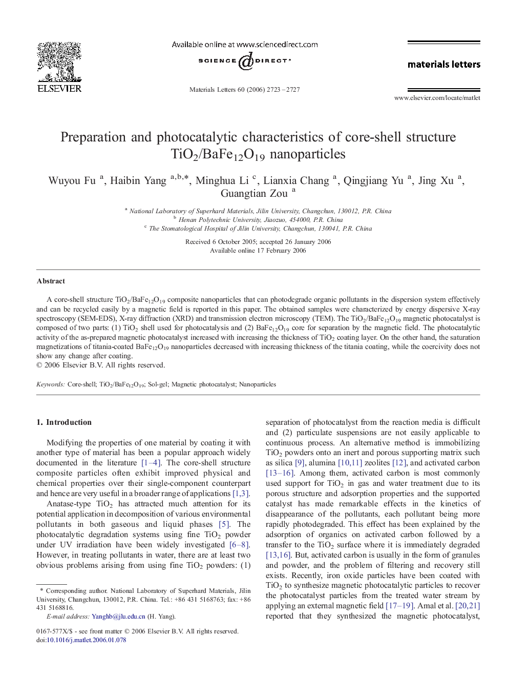 Preparation and photocatalytic characteristics of core-shell structure TiO2/BaFe12O19 nanoparticles