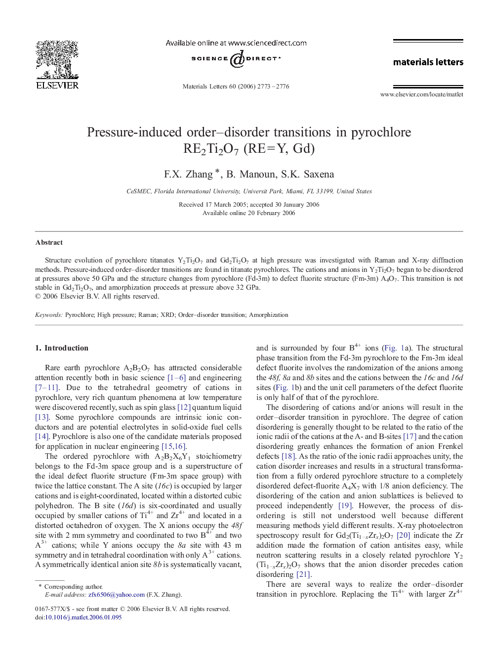 عکس صفحه اول مقاله: Pressure-induced order–disorder transitions in pyrochlore RE2Ti2O7 (RE = Y, Gd) Pressure-induced order–disorder transitions in pyrochlore RE2Ti2O7 (RE = Y, Gd)