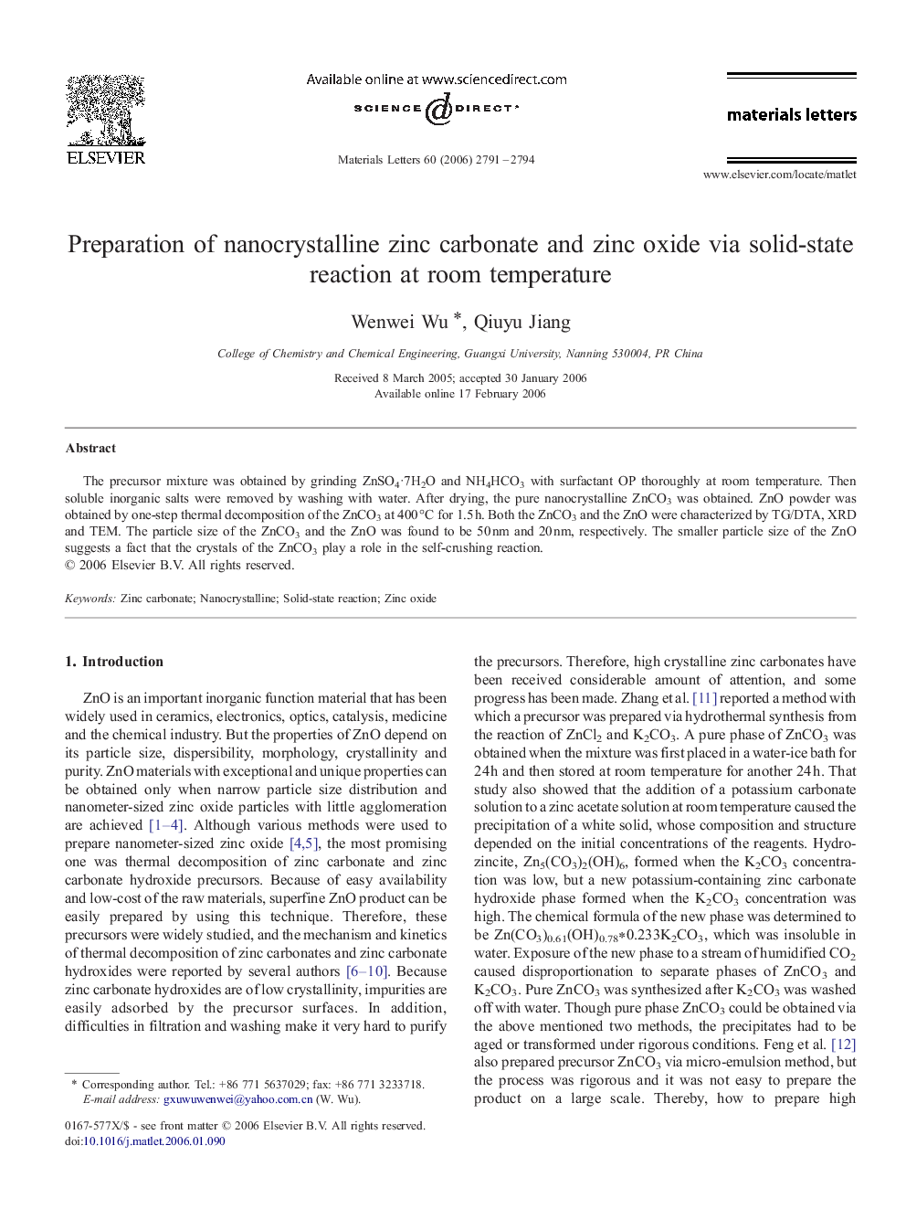 Preparation of nanocrystalline zinc carbonate and zinc oxide via solid-state reaction at room temperature