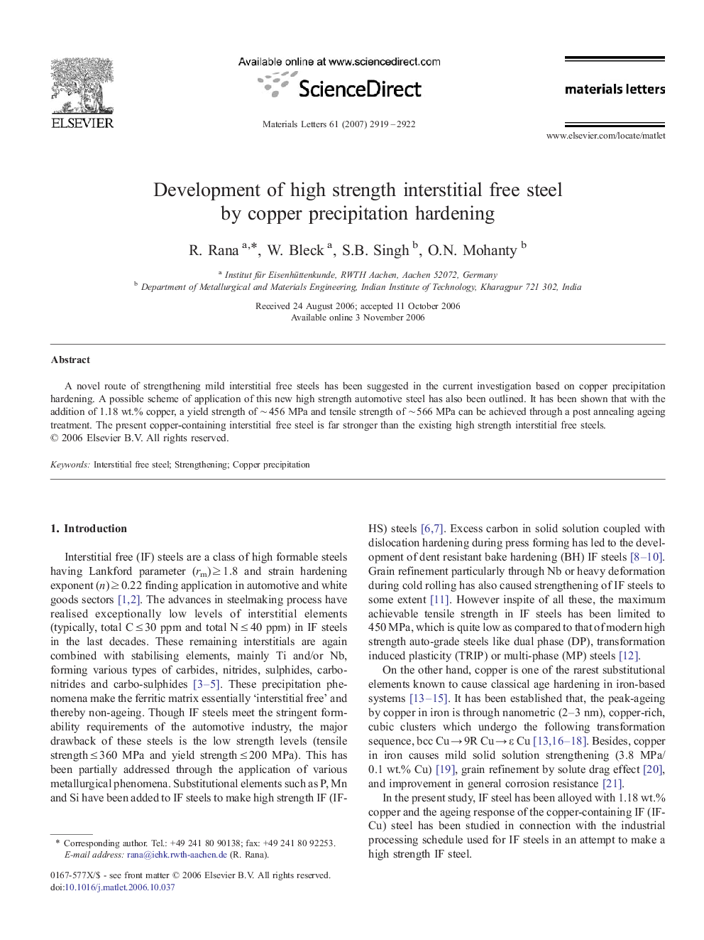 Development of high strength interstitial free steel by copper precipitation hardening