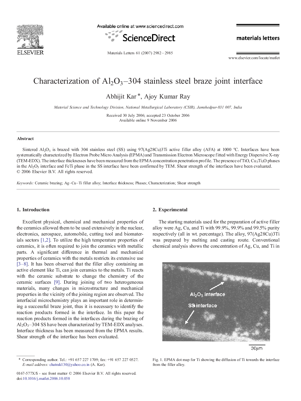 Characterization of Al2O3–304 stainless steel braze joint interface