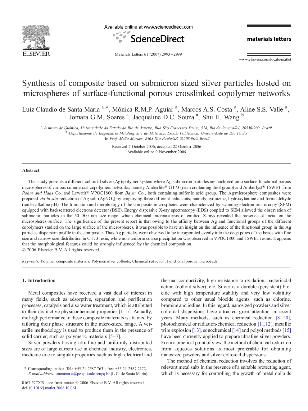 Synthesis of composite based on submicron sized silver particles hosted on microspheres of surface-functional porous crosslinked copolymer networks