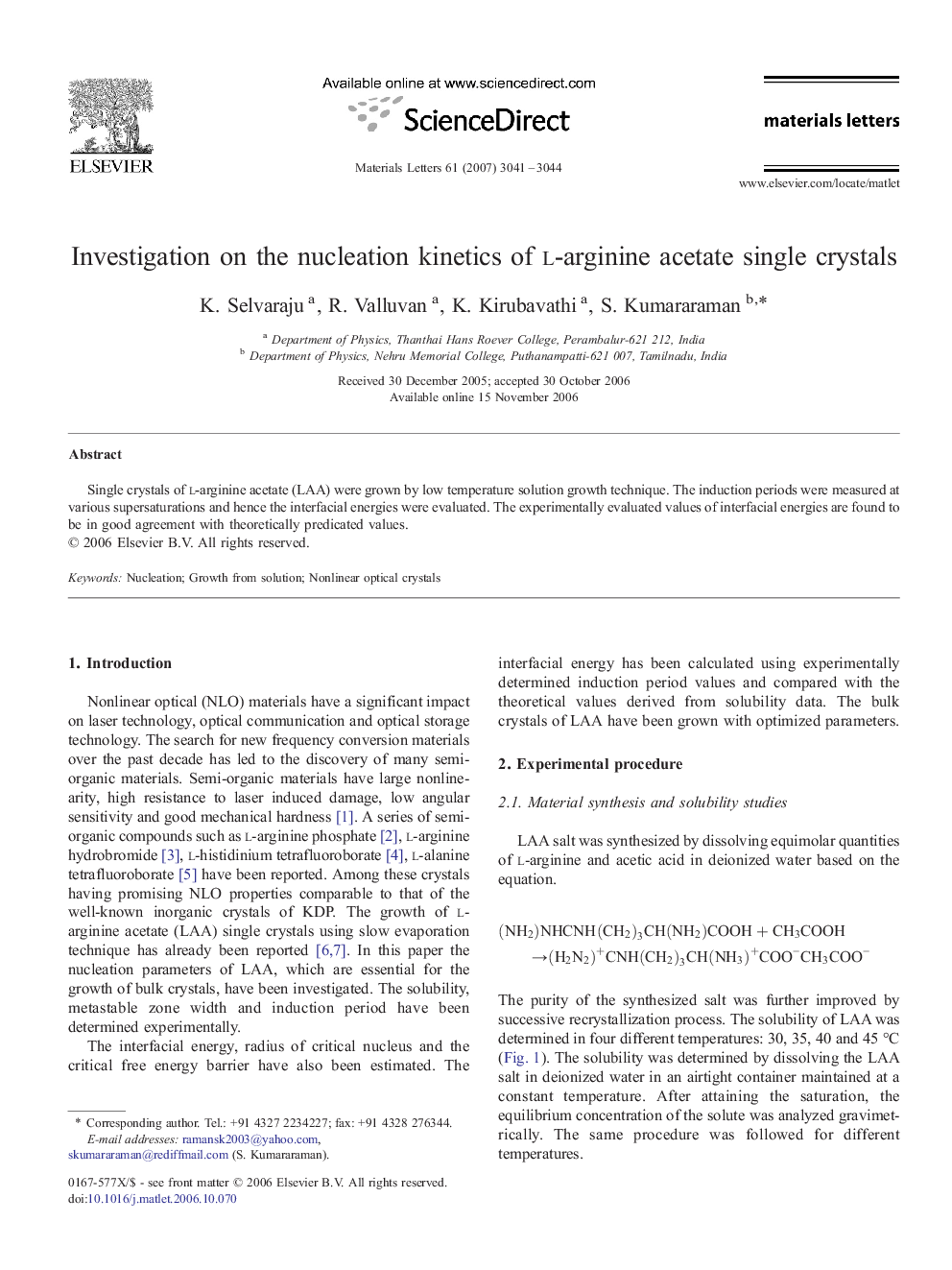 Investigation on the nucleation kinetics of l-arginine acetate single crystals