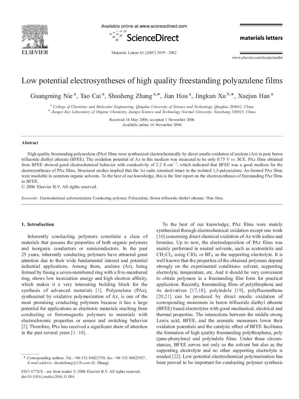 Low potential electrosyntheses of high quality freestanding polyazulene films