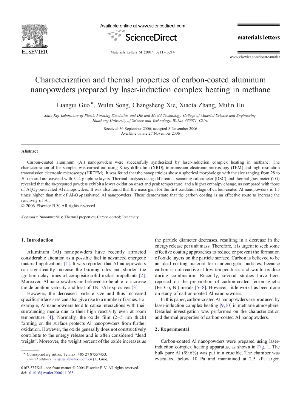 Characterization and thermal properties of carbon-coated aluminum nanopowders prepared by laser-induction complex heating in methane