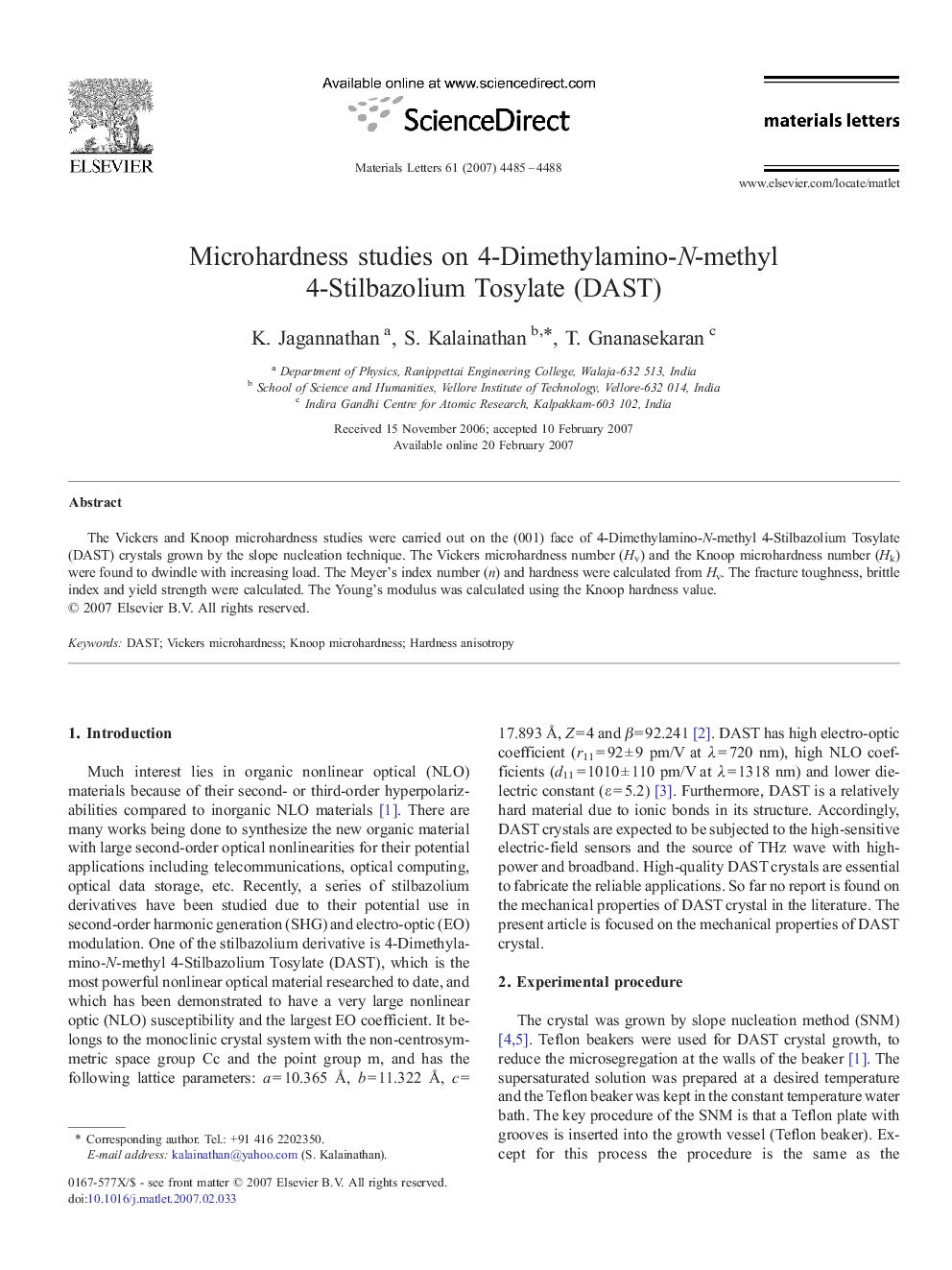 Microhardness studies on 4-Dimethylamino-N-methyl 4-Stilbazolium Tosylate (DAST)