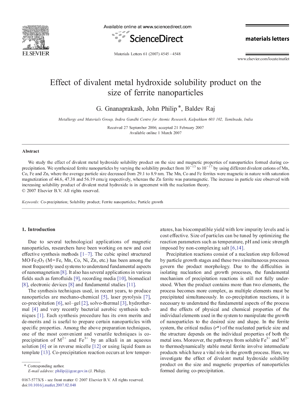 Effect of divalent metal hydroxide solubility product on the size of ferrite nanoparticles