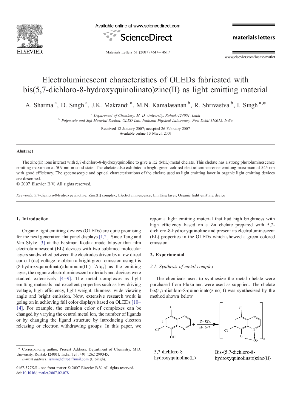 Electroluminescent characteristics of OLEDs fabricated with bis(5,7-dichloro-8-hydroxyquinolinato)zinc(II) as light emitting material