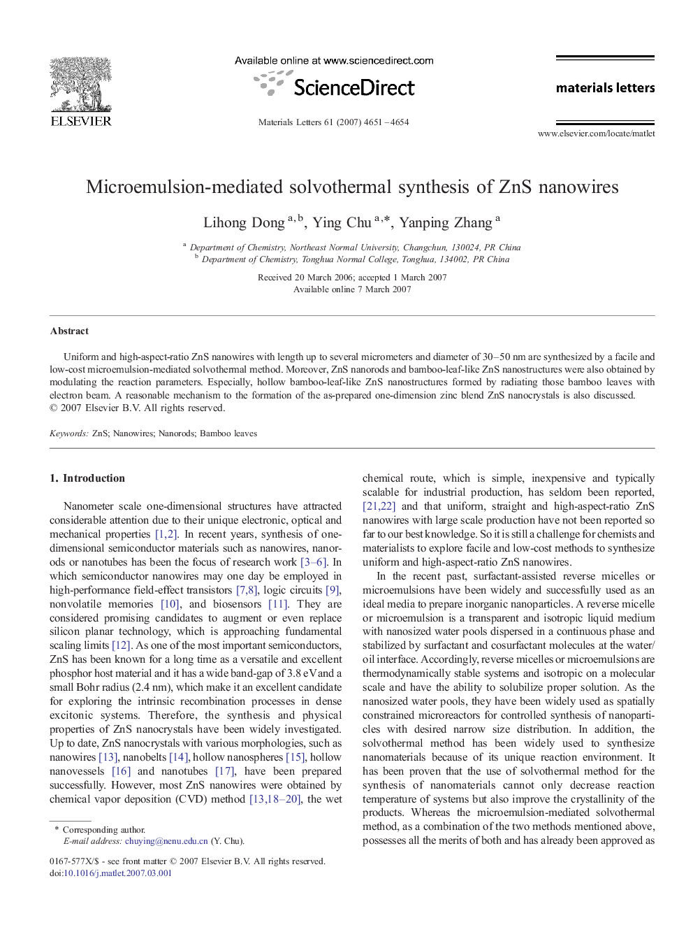 Microemulsion-mediated solvothermal synthesis of ZnS nanowires