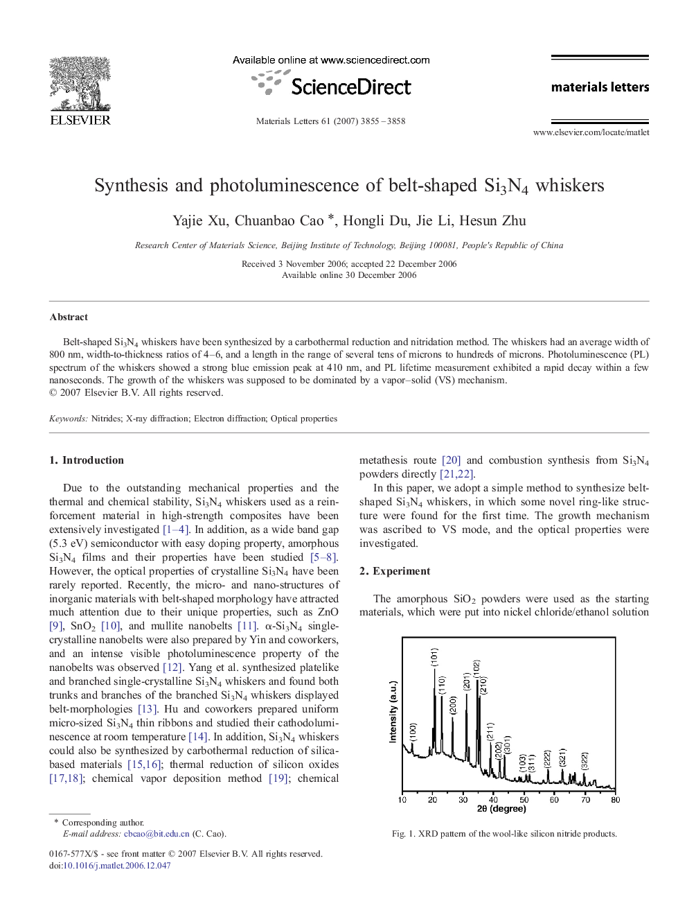 Synthesis and photoluminescence of belt-shaped Si3N4 whiskers