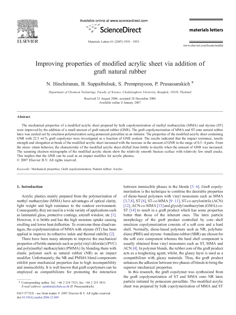 Improving properties of modified acrylic sheet via addition of graft natural rubber