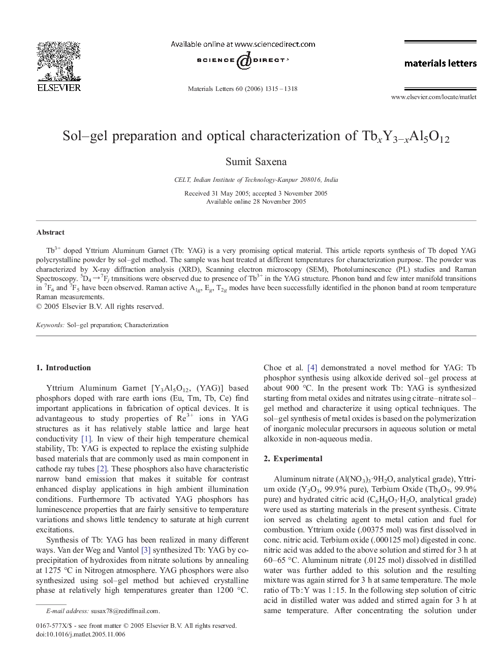 Sol–gel preparation and optical characterization of TbxY3−xAl5O12