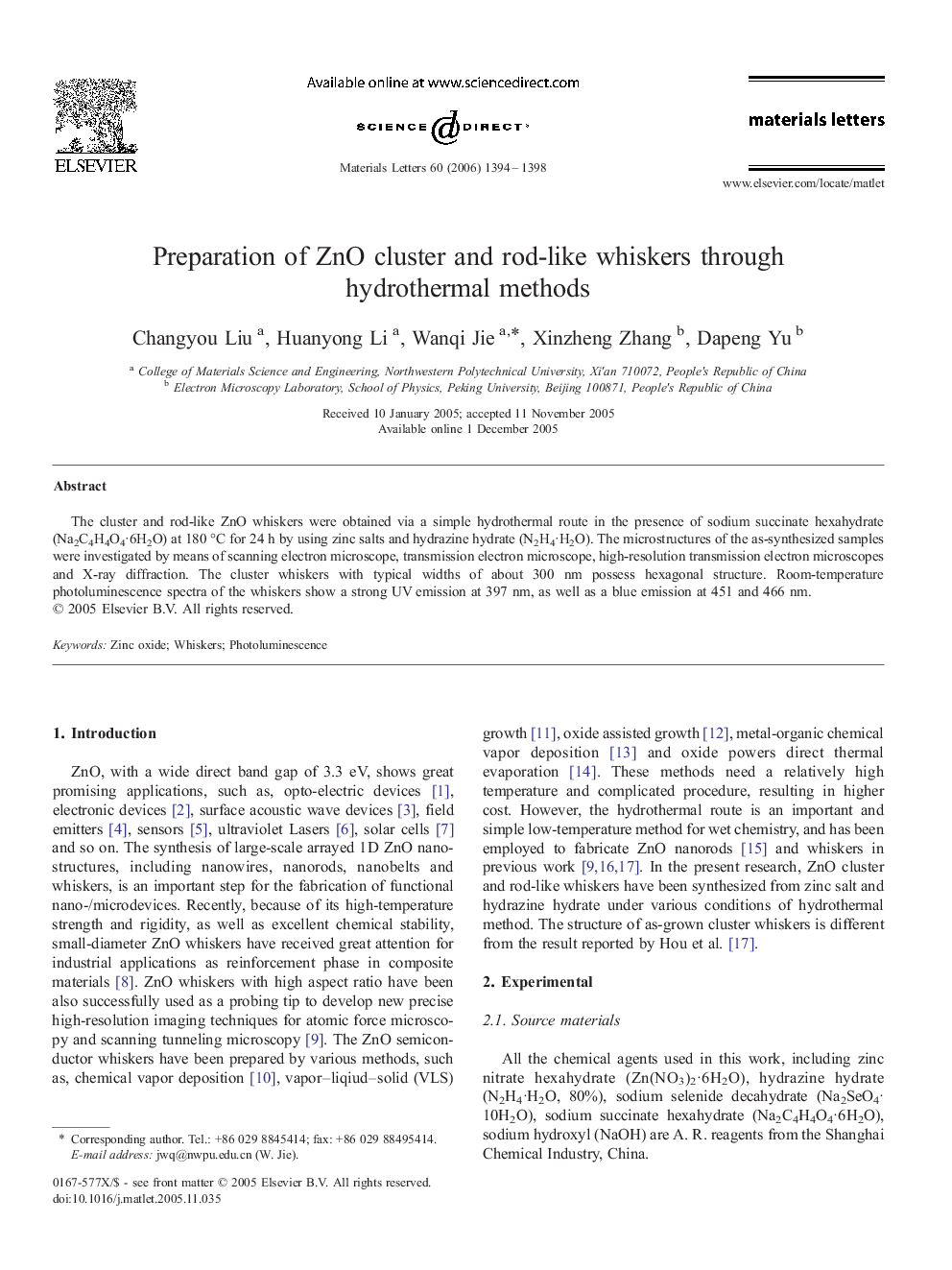 Preparation of ZnO cluster and rod-like whiskers through hydrothermal methods