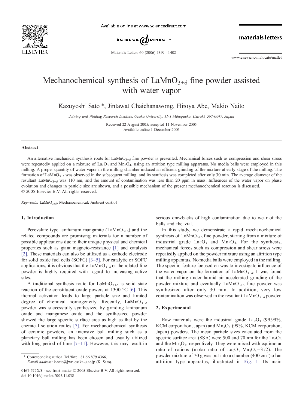 Mechanochemical synthesis of LaMnO3+δ fine powder assisted with water vapor