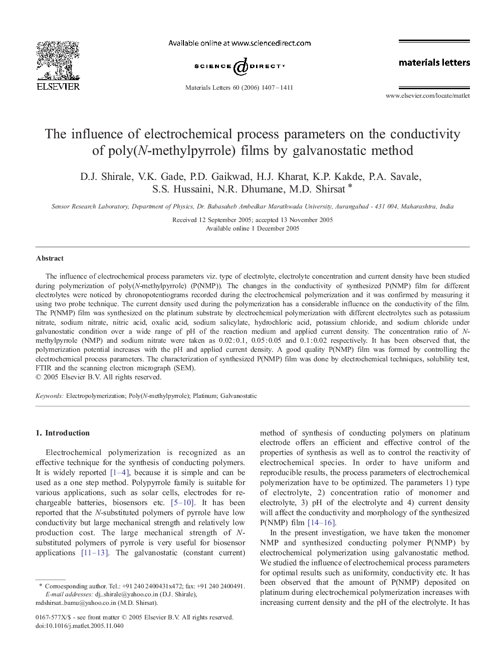 The influence of electrochemical process parameters on the conductivity of poly(N-methylpyrrole) films by galvanostatic method