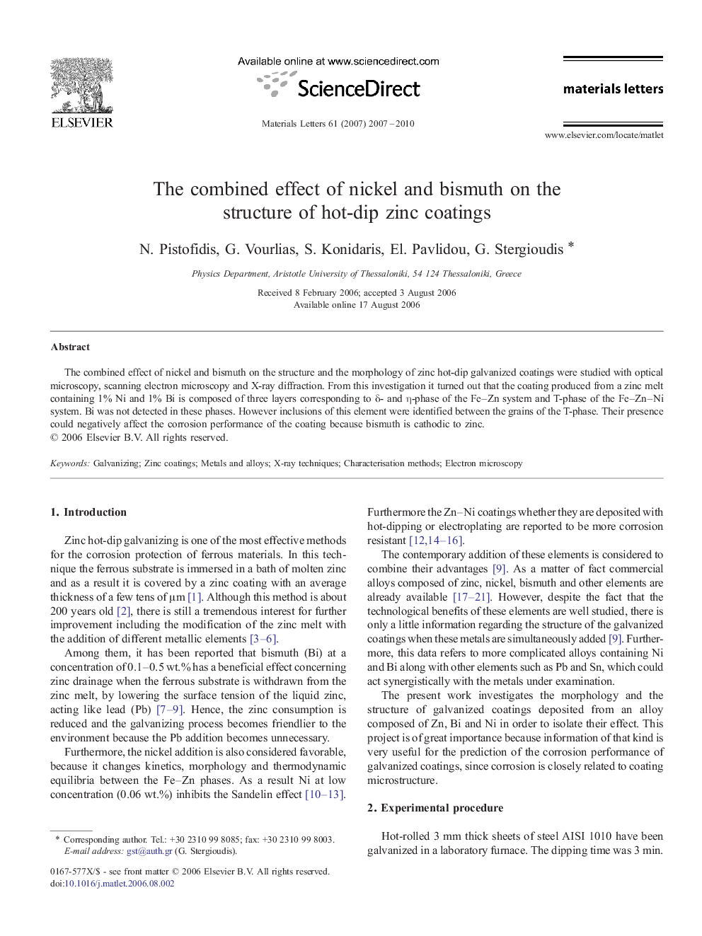 The combined effect of nickel and bismuth on the structure of hot-dip zinc coatings