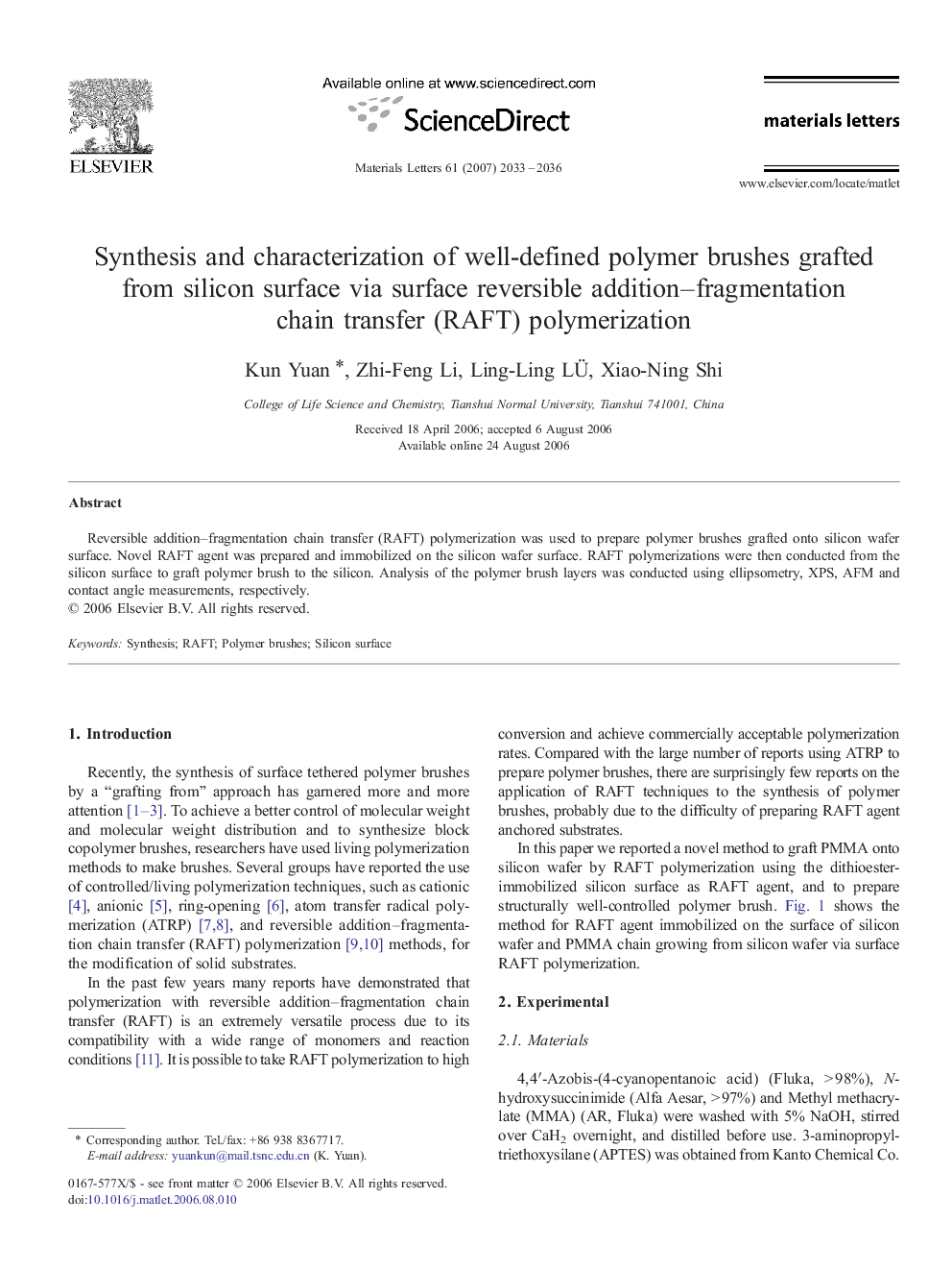 Synthesis and characterization of well-defined polymer brushes grafted from silicon surface via surface reversible addition–fragmentation chain transfer (RAFT) polymerization