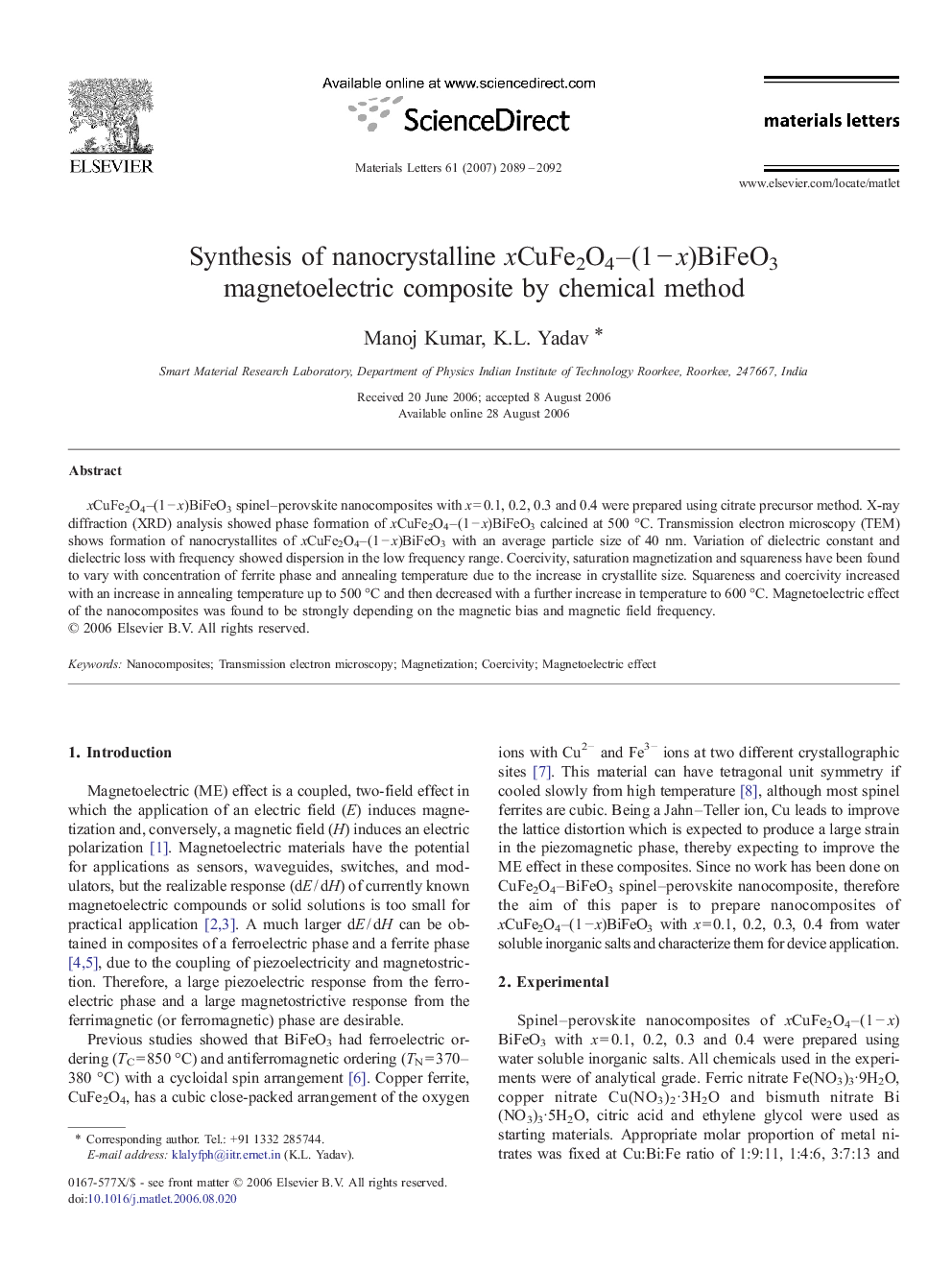 Synthesis of nanocrystalline xCuFe2O4–(1 − x)BiFeO3 magnetoelectric composite by chemical method