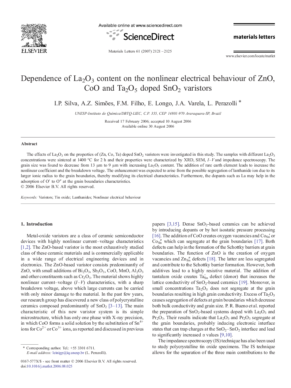 Dependence of La2O3 content on the nonlinear electrical behaviour of ZnO, CoO and Ta2O5 doped SnO2 varistors