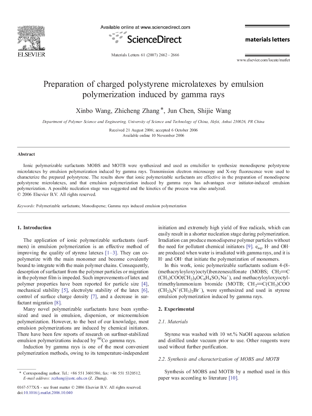 Preparation of charged polystyrene microlatexes by emulsion polymerization induced by gamma rays