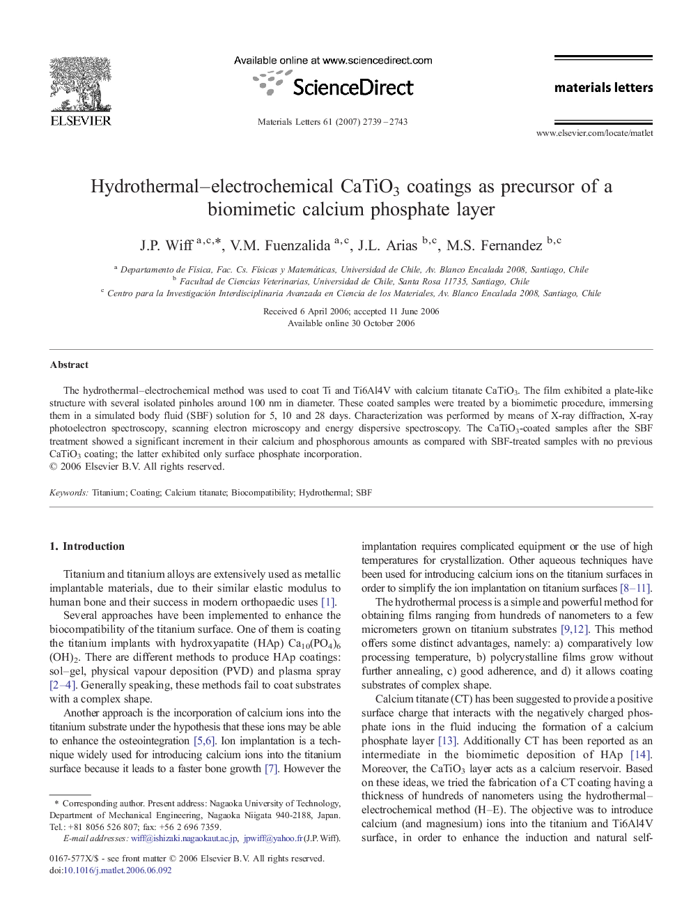 Hydrothermal–electrochemical CaTiO3 coatings as precursor of a biomimetic calcium phosphate layer