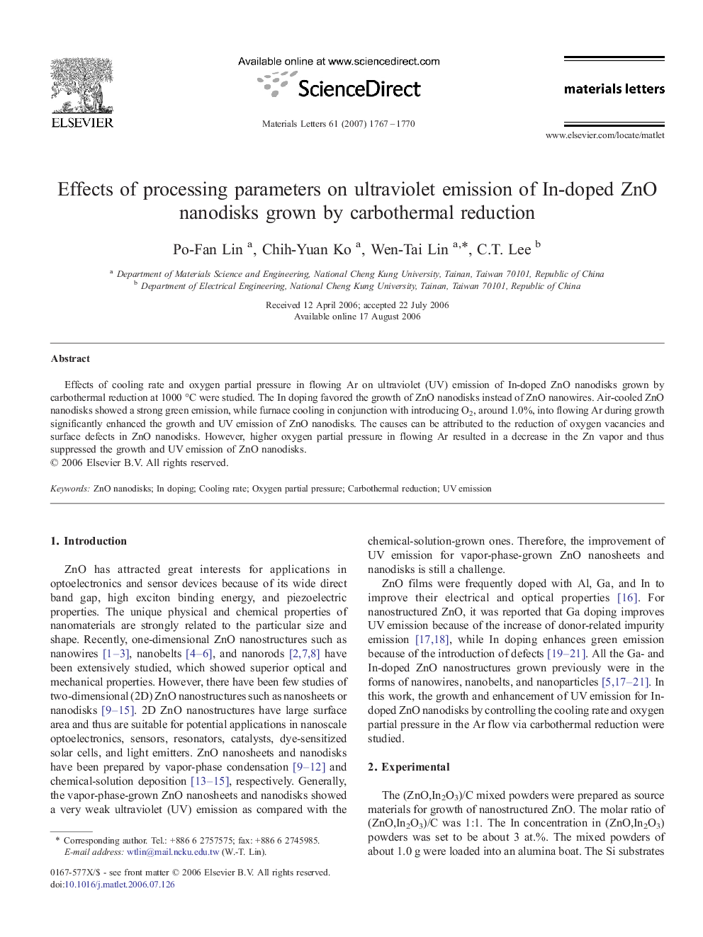 Effects of processing parameters on ultraviolet emission of In-doped ZnO nanodisks grown by carbothermal reduction