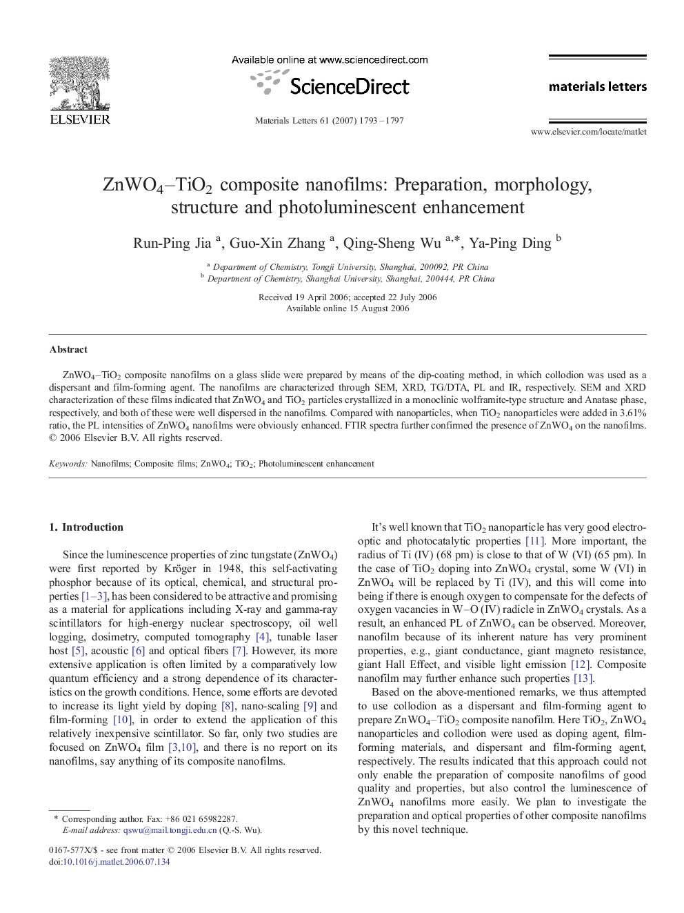 ZnWO4–TiO2 composite nanofilms: Preparation, morphology, structure and photoluminescent enhancement