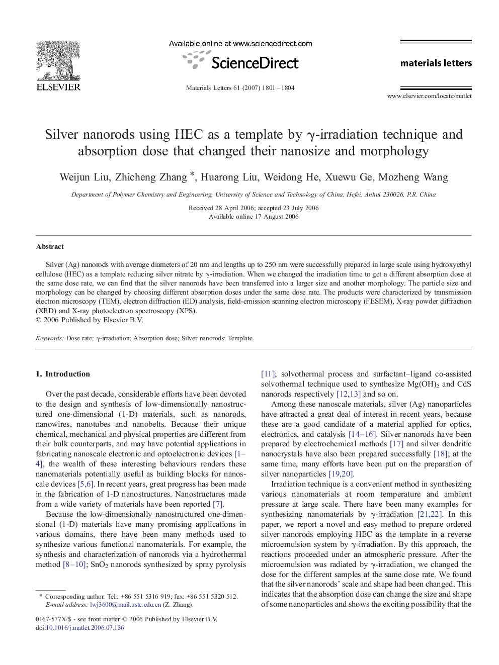 Silver nanorods using HEC as a template by γ-irradiation technique and absorption dose that changed their nanosize and morphology