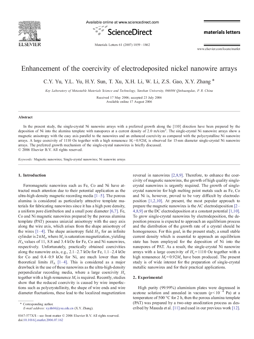 Enhancement of the coercivity of electrodeposited nickel nanowire arrays